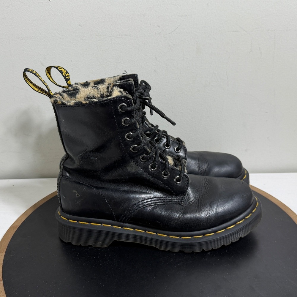 Dr Martens 1460 Serena Boot Women Size 6 Faux Fur Leopard Lined Black Grunge